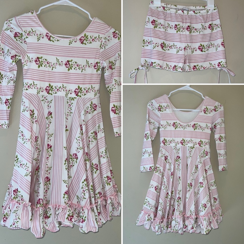 Sweethoney Floral Pink Stripe Fit-and-Flare Dress with Matching Knit Shorts Set